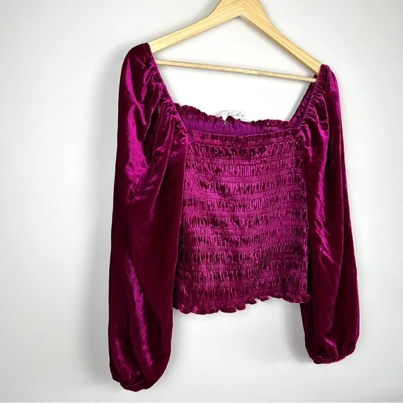 Anthropologie Smocked Puff Sleeve Square Neck Velvet Top - Picture 4 of 7